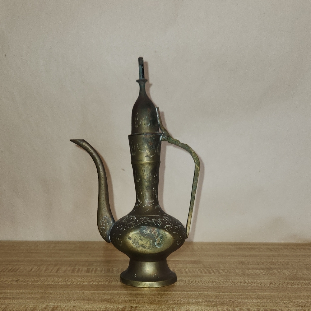 Vintage Ornate Solid Brass Etched Pitcher